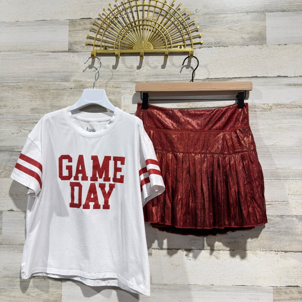 Azarhia Skirt Set Girls 14 White Red Game Day Metallic Pleated Gameday GUC*
